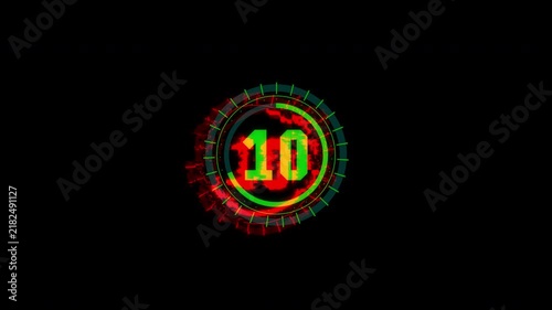 15 seconds countdown glitch hud animation from 15 to 0 seconds on black background. 4k video