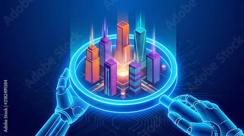 Futuristic City Skyline Under Robotic Magnifying Glass with Digital Glow Effects