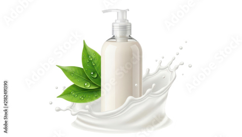 Cosmetic lotion bottle with green leaves and a splash of milk or cream liquid