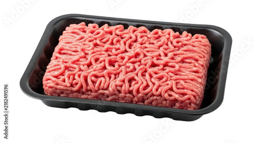 Fresh raw ground beef meat in a black plastic tray for cooking and meal preparation