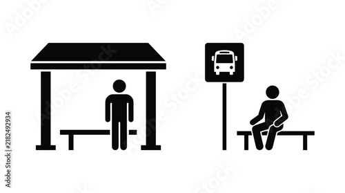 Bus stop station icons featuring a person waiting under shelter and sitting on a bench