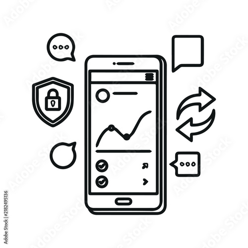 Smartphone with mobile app data analysis and security icons line drawing