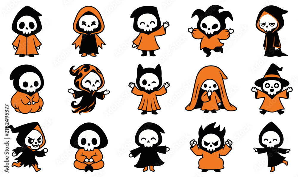 Fototapeta premium A collection of cute chibi grim reaper illustrations designed as high quality vector graphics for halloween themed creative projects