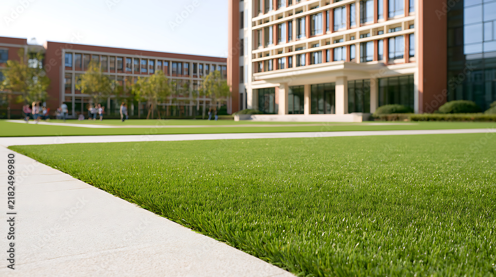 Obraz premium Modern university campus quad with vibrant green lawn grass, neat concrete pathways, and contemporary red brick academic buildings outside