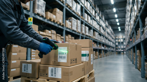 Warehouse worker scanning boxes in a storage facility with shelves full of packaged goods
