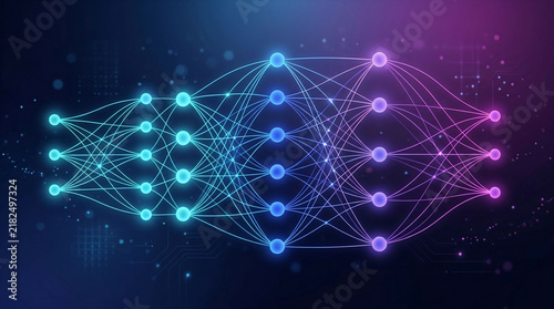 Abstract Neural Network Visualization with Glowing Nodes and Connections.