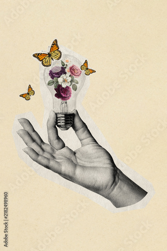 Картината върху платно Startup idea, light bulb flower mixed media, vintage illustration poster