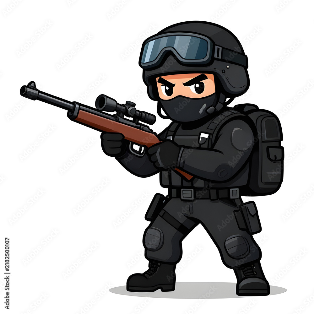 Obraz premium A sturdy special forces soldier with a combat weapon, fully equipped in special combat gear. Cartoon mascot, illustration high quality