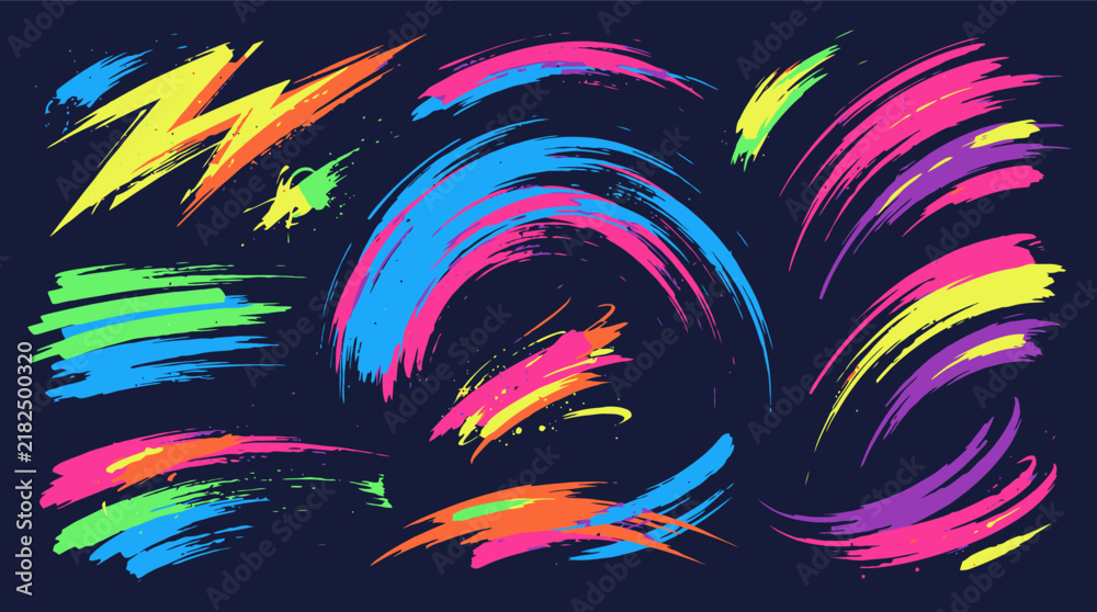 Obraz premium Neon paint brush stroke vector collection. Features vibrant color swooshes, streaks, and abstract marks. Dynamic graphic design elements for posters, banners, and modern digital art.