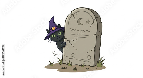 Black Cat with Witch Hat Peeking Behind Tombstone Halloween Vector
