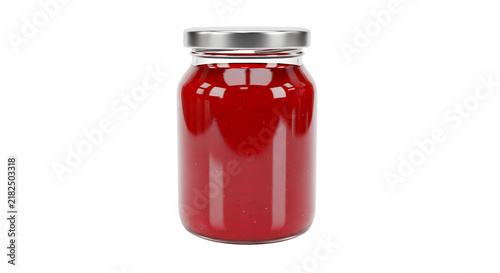 Glass jar filled with red liquid, likely jam or preserves, sealed with a silver lid