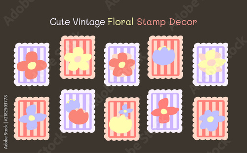 Cute vintage floral stamp decor bundle with pastel stripes for journal vector