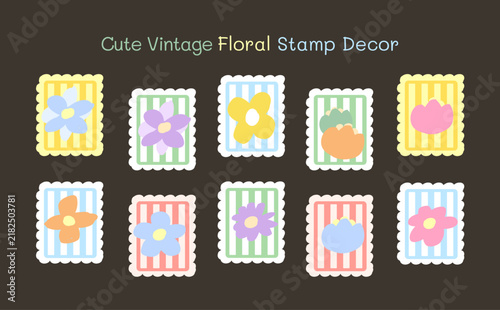 Cute vintage floral stamp decor set with mint and pastel stripes for journal vector