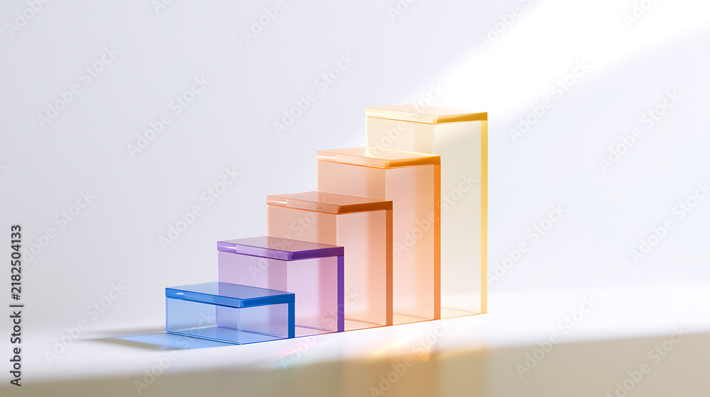 Fototapeta premium Minimalist stairs podium made of colorful transparent glass blocks for product presentation on a white background with soft warm light shadow