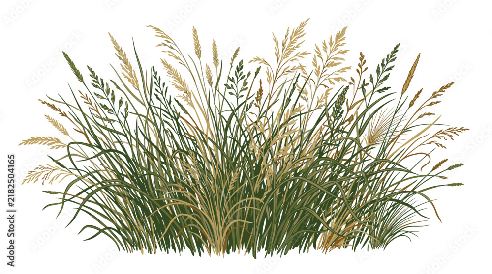 Obraz premium Vector wild grass bush illustration with botanical meadow herbs and cereal spikelets design element