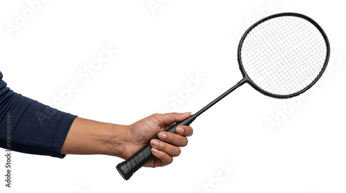 Black badminton racket held diagonally upward by a firm hand grip on its handle shown as PNG isolated transparent background