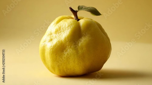 Closeup focused quince isolated on pale mustard background balanced lighting highlighting natural texture and form
