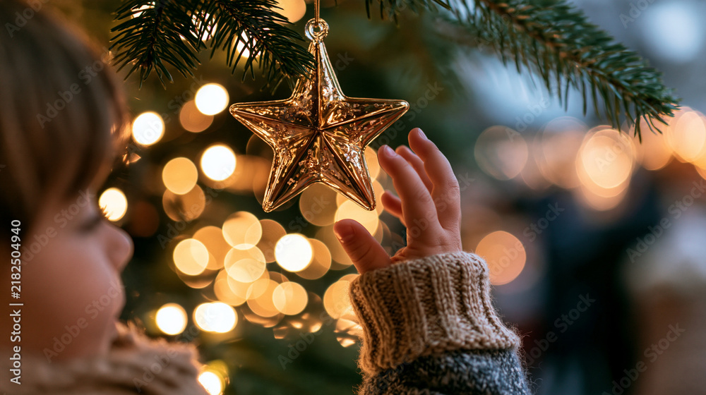 Obraz premium A heartwarming close-up photo of a child's small hand in a knitted mitten reaching out to touch a hand-painted glass star ornament hanging at a traditional Christmas fair. The orna