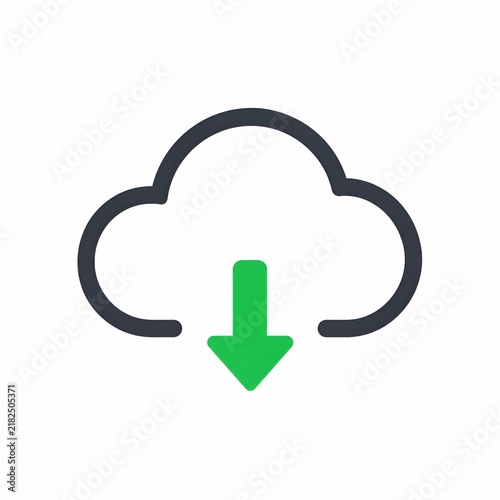 Cloud Download Icon with Green Down Arrow Isolated on White Background