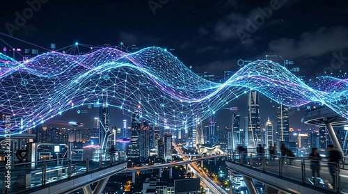 Futuristic Cityscape with Digital Network Overlay at Night.