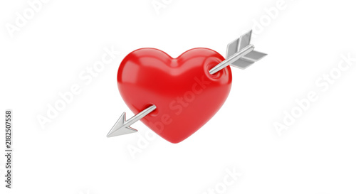 Obraz na płótnie Glossy red heart pierced by a silver arrow isolated on white background, symbol