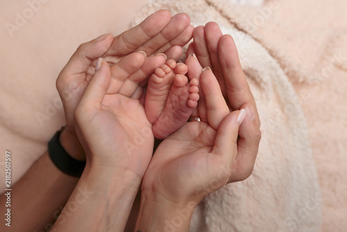Obraz na płótnie Newborn Baby Feet Cradled in Parents' Hands