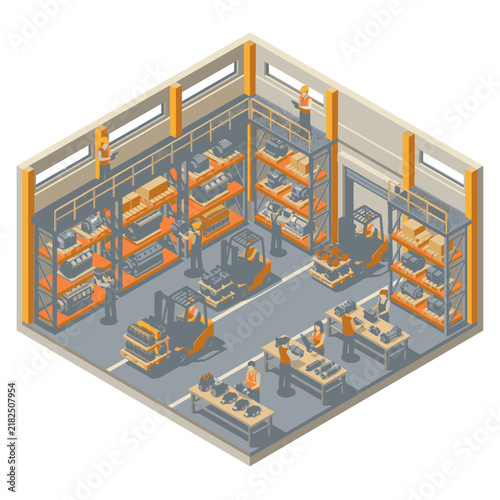 Sleek Isometric of a Busy Modern Industrial Warehouse with Workers Machinery and Multi Level Storage