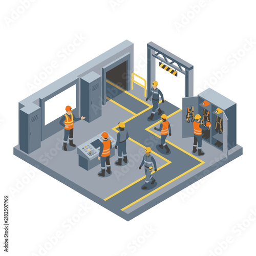Modern Isometric of Industrial Workers in Safety Gear Inside a Control Room Facility with high quality professional line art symbols for modern creative design and digital branding projects