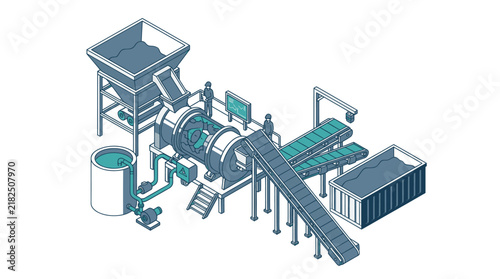 Professional Isometric of Industrial Material Processing and Packaging Machinery with Workers with high quality professional line art symbols for modern creative design and digital branding projects