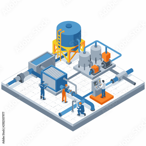 Sleek Isometric of Industrial Factory with Workers Blue Pipes Machinery and Silos with high quality professional line art symbols for modern creative design and digital branding projects
