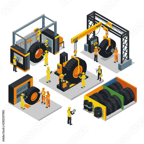 Sleek Isometric of Industrial Tire Manufacturing Process with Workers in Yellow Gear with high quality professional line art symbols for modern creative design and digital branding projects