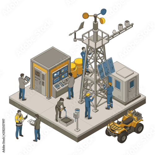 Sleek Isometric of Modern Renewable Energy Monitoring Station with Workers Solar Panels and Weather Instruments