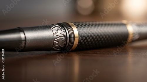 Luxury carbon fiber pen with gold accents lies on wooden desk