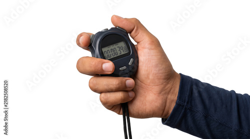 Konstfotografi Digital stopwatch with a black lanyard and multiple buttons held firmly by a han