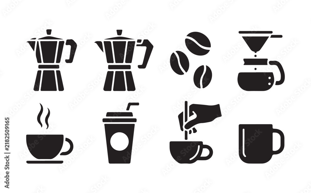 Obraz premium Set of coffee icons with moka pots brewing tools and espresso mugs isolated on transparent background for UI.