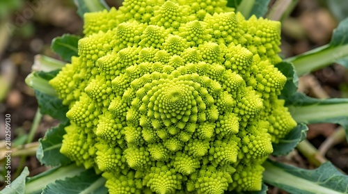 Romanesco broccoli showing fractal patterns in a garden