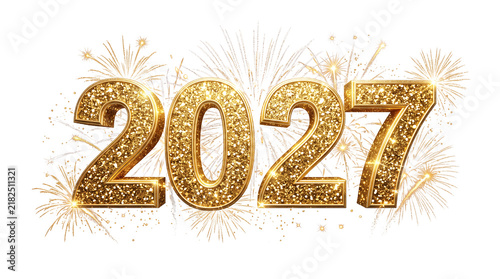 Elegant sparkling gold 2027 numerals decorated with radiant fireworks bursts isolated on a clean white background