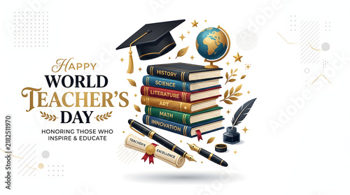 Happy world teachers day illustration with graduation cap books globe fountain pen and diploma, stack of book