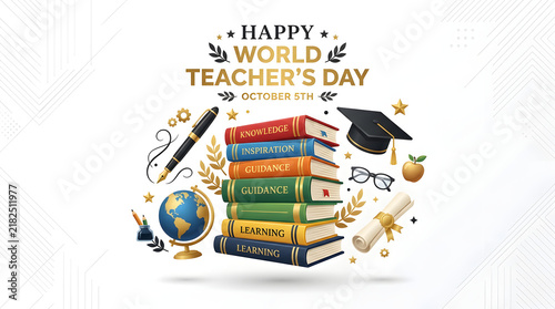Happy world teachers day banner with stack of books graduation cap globe and pen on white background