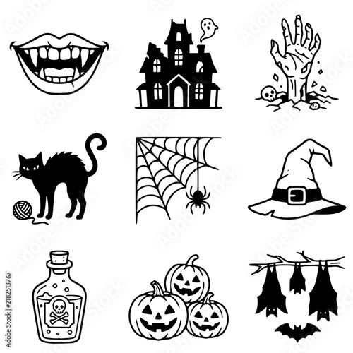 Halloween vector line art icon set featuring vampire fangs, haunted house, zombie hand, black cat, spider web, witch hat, poison bottle, jack o lanterns, and hanging bats