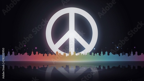 Large peace symbol over colorful city lights