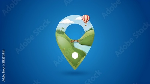 Location pin icon with hot air balloon and scenic landscape