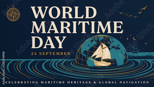 World maritime day poster with sailing ship and globe