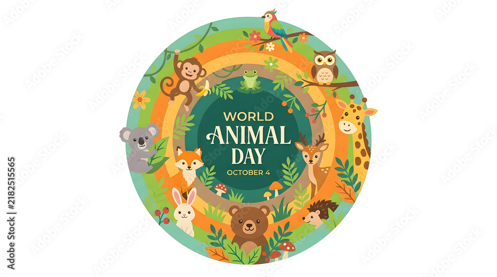 Obraz premium World animal day festive design featuring wild animals and colorful rainbow circular background