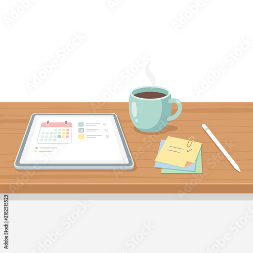 Digital tablet with a calendar planner, a cup of coffee, and sticky notes on a wooden office desk workspace