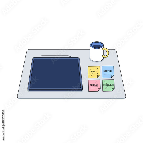 Isometric desk setup with digital tablet, coffee mug, and colorful sticky notes for work and productivity
