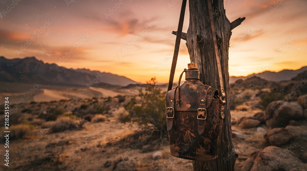 Obraz premium Leather canteen hanging from a tree in a desert landscape