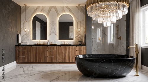 Luxurious bathroom interior featuring a dark stone soaking tub and double vanity with arched mirrors illuminated by warm lighting creating a peaceful retreat for relaxation in a grand home