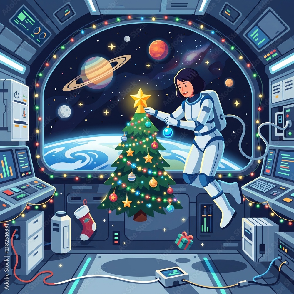 Fototapeta premium Astronaut decorating Christmas tree inside spaceship cockpit in outer space