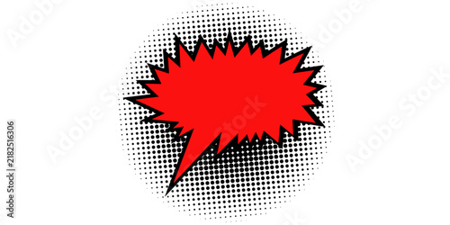 Red pop art comic speech bubble burst vector illustration, blank explosive starburst balloon with tail and halftone dots pattern isolated on white background for cartoon promo banner, and sale poster.